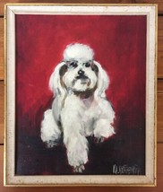 Vtg 1964 Mona White Poodle Dog Puppy Outsider Art Framed Signed Oil Painting - £299.15 GBP