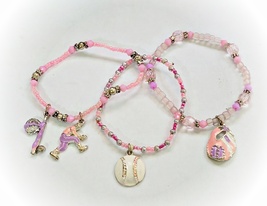 3 Girls Pink Seed Pearls &amp; Enamel Baseball Charms on Stretch String Brac... - £4.53 GBP