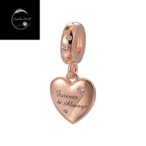 Genuine Sterling Silver 925 Rose Gold Forever And Always Heart Dangle Charm &amp; CZ - £22.69 GBP