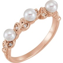 Pearl and Diamond Stackable Leaf Design Ring  14K Rose, Yellow and White Gold - £592.55 GBP