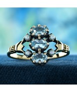 9K Yellow Gold Natural Blue Topaz and Pearl Vintage Style Three Stones Ring - $450.00