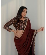 COFFEE COLOUR TRENDING MULTI THREAD WORK BLOUSE WITH HEAV LACE BORDER SAREE - $70.00