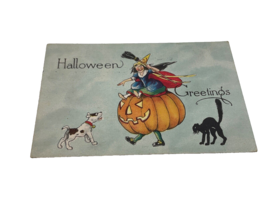 1915 Antique Halloween Postcard Witch, Broom, Jack-O-Lantern, Black Cat - £69.33 GBP