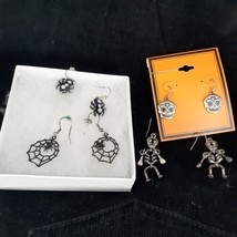 Halloween Earrings 4 Skull Skeleton Spider and Spider in Webb Kohls Pierced Ears - £8.30 GBP