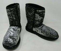 UGG Australia Womens Size 6 Silver Sequin Sparkle Boots Faux Sherpa Fur ... - $27.10