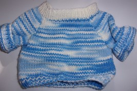 Vtg Handmade Blue White Variegated Knit Pullover Sweater Infant Doll 7&quot;L... - $8.20 CAD
