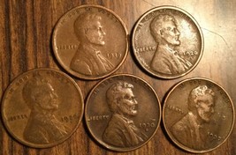 1919 1920 1926D 1930S 1937 Lot Of 5 Usa Lincoln Wheat One Cent Penny Coins - £3.60 GBP