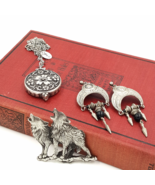 Gothic Jewelry Set with JJ Wolves Pewter Brooch, Zad Mirror Necklace, Ea... - £30.57 GBP