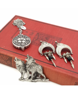 Gothic Jewelry Set with JJ Wolves Pewter Brooch, Zad Mirror Necklace, Ea... - $39.00