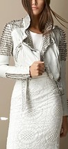 Handmade white Color in belted and long collar style Studded Leather Jac... - £176.77 GBP