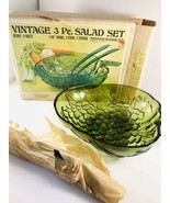 Vtg INDIANA GLASS 3 Pc OLIVE #0823 Green SALAD BOWL SET Original Box NEW... - $39.49