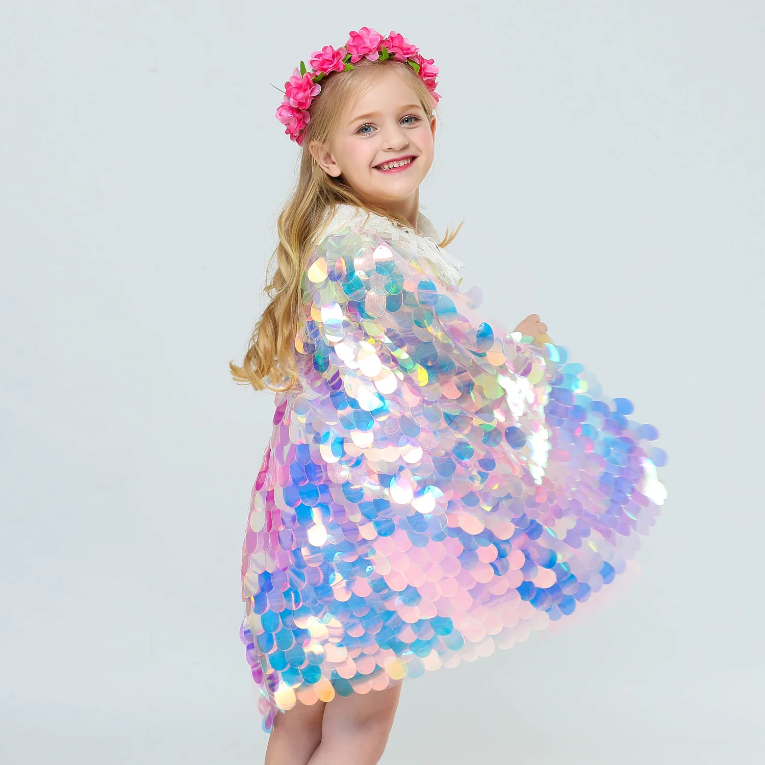 Fashion Glitter Multicolor Sequins Shawl Shiny Girls Cloak Blingbling Fa... - $126.96