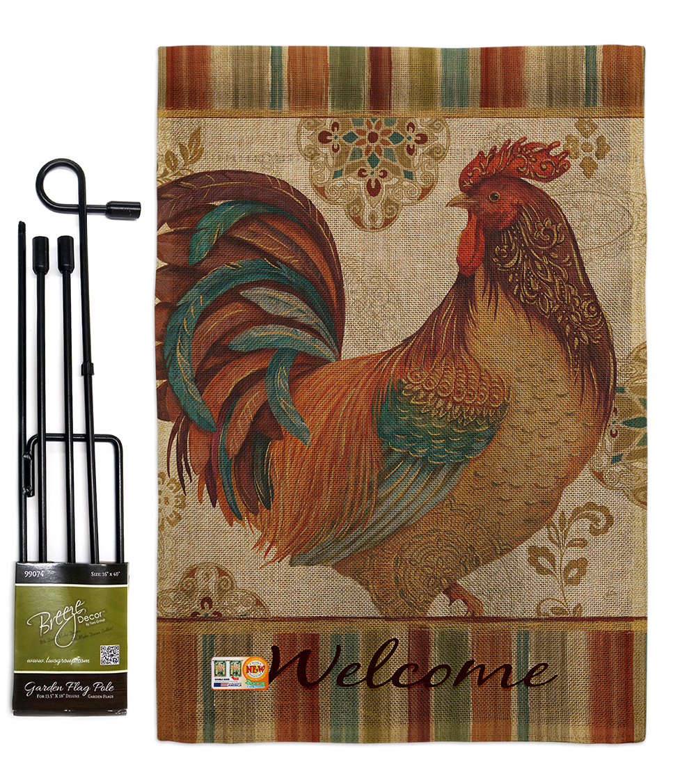 Primary image for Welcome Rooster Burlap - Impressions Decorative Metal Garden Pole Flag Set GS110