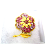 Vintage Brooch Pink Aurora B With Yellow Enamel Work Floral Shape - £19.78 GBP