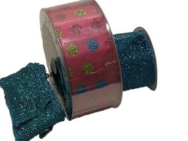 New Wired Ribbon Lot 2.5&quot;x50 Yd Pink W Sparkly Dots W Used Metallic Teal... - £17.54 GBP