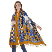 Anyyou 100% Merino Wool Mustartd Yellow Patterns  Silk Satin Large Winter Scarf  - £69.13 GBP