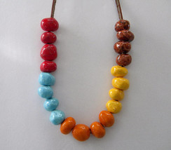 Pre-owned Unique Hand Made Primitive Ceramic Bead Necklace with Natural Leather  - £35.41 GBP