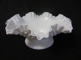 FENTON ART GLASS HOBNAIL WHITE MILK GLASS 10-1/2&quot; FOOTED DOUBLE CRIMPED ... - $11.29