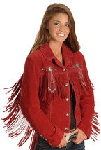 Women&#39;s Western Style Red Color Fringed Suede Real Leather Concho Beaded Jacket - £133.16 GBP