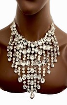 Luxurious Classic Clear  Crystals Evening Choker Bib Fringe Necklace - $42.75