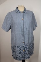 Studio B Hot Cotton S Blue Linen Floral Hem Button Front Short Sleeve Shirt Top - £18.03 GBP