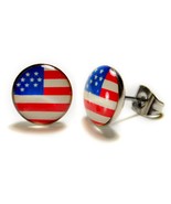STAINLESS STEEL POST EARRINGS 10mm American Flag USA Patriotic Stud Pair... - $129.73 MXN