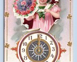 New Year Greetings Girl Clock Bouquet Flowers Embossed Raphael Tuck Post... - $4.90