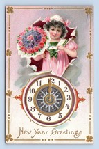 New Year Greetings Girl Clock Bouquet Flowers Embossed Raphael Tuck Postcard N3 - £3.85 GBP