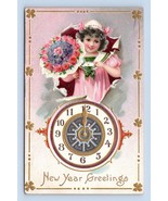 New Year Greetings Girl Clock Bouquet Flowers Embossed Raphael Tuck Post... - £3.83 GBP