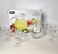7 Piece Libbey Cancun Margarita Set Pitcher 6 Glasses Clear Glass with Box - $29.89
