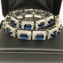 25CT Emerald Cut Lab Created Blue Sapphire Tennis Bracelet 14K White Gold Plated - £364.87 GBP