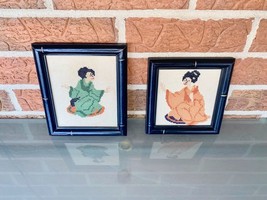 Japanese Geisha Girls Cross Stitch Handmade Framed Cross-stitch Vintage Set Of 2 - £39.09 GBP