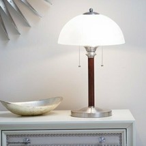Glass Dome Lamp Stately Frosted Shade Wood Body Steel Accents 22.5 Inche... - $77.59