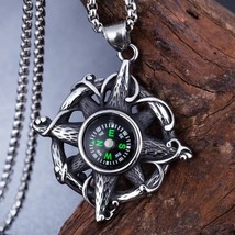 Mens Vintage Compass Pendant Necklace Punk Biker Jewelry Silver Box Chain 24&quot; - £9.54 GBP