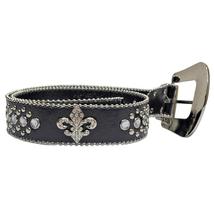 Fleur de Lis Belt Rhinestone Buckle Studded Ball Chain Trim Black Silver... - £28.80 GBP