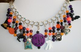 Handmade Halloween Charm Bracelet Silver Tone &amp; Hand Painted Charms w/Black Oran - £31.69 GBP