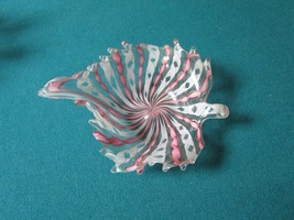 Crystal Venetian Vanity Dish Leaf Shaped Pink And White Waved &amp; Roped Design - £97.11 GBP