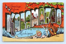 Grande Lettera Greetings From Kalamazoo Michigan Mi Lino Cartolina N7 - £5.58 GBP