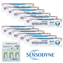 SENSODYNE Toothpaste Novamin Repair &amp; Protect 100g x 12 + Free 3x Toothbrush - £100.61 GBP