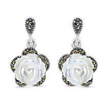 Vintage Style Carved Rose MOP Marcasite 925 Silver Drop Earrings - £26.15 GBP