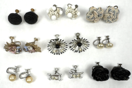 Vintage Screwback Earrings Lot Cluster Beaded Pearl Lot Black White - $19.00