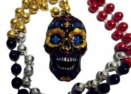 Black Sugar Skull Day of the Dead Mardi Gras Beads Party Favor Necklace - £4.74 GBP