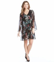 Karen Kane Black Floral V-Neck A-Line Bell Sleeve Swingy Shift Dress LARGE - $78.00