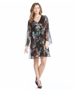 Karen Kane Black Floral V-Neck A-Line Bell Sleeve Swingy Shift Dress LARGE - £62.34 GBP