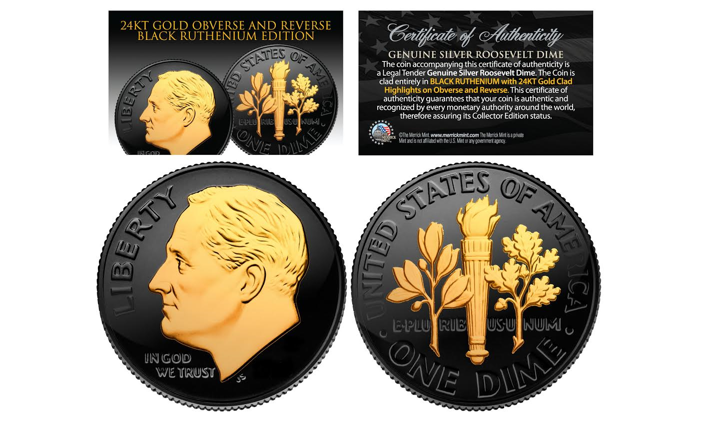 1950 's U.S. Genuine Silver BU Roosevelt Dime 24K GOLD & Full BLACK RUTHENIUM - $17.72