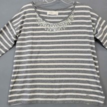 Abercrombie Fitch Womens Shirt Size M Gray Stripe Dressy Jeweled Scoop Neck Top - £7.82 GBP