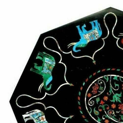 Black Marble Coffee Table Tops Elephant Design Inlay Mosaic Art Garden Decor Item image 4