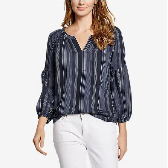 Primary image for Eddie Bauer Women's 2XL Tranquil Long-Sleeve Split-Neck Pullover Blouse Striped