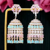 Indian Bollywood Style Gold Plated CZ AD Jhumka Earrings Blue Pink Jewelry Set - £60.21 GBP