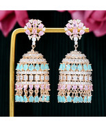 Indian Bollywood Style Gold Plated CZ AD Jhumka Earrings Blue Pink Jewel... - £60.56 GBP